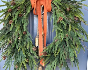 Fall greenery norfolk pine front door wreath with brass bells, Fall season, Thanksgiving wreath, Autumn wreath, Velvet double sided ribbon