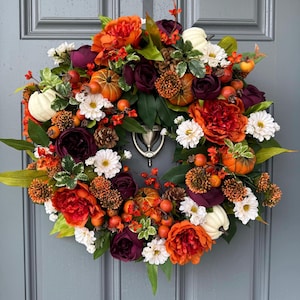 Handmade Fall Front Door Wreath, Purple Orange Floral Thanksgiving Decor
