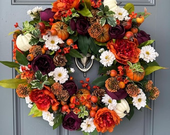 Fall front door wreath, autumn decor, fall decorations, fall home decor, housewarming gift, Thanksgiving decor, harvest wall decor, pumpkins