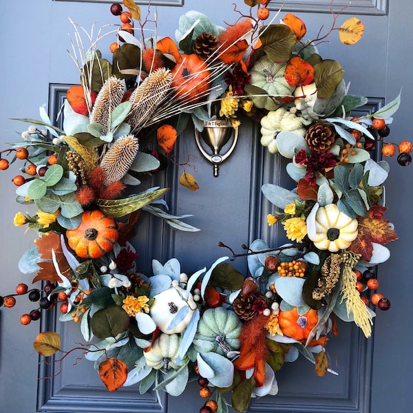 Fall front door rustic wreath, lambs ear farmhouse design, natural elements, perfect for the entire fall season, Thanksgiving, 20” and  24”.