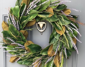 Magnolia and lavender, front door wreath, Farmhouse wreath, Cottagecore wreath, Greenery indoor wall decor, Porch decor