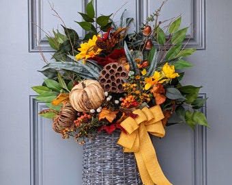 Fall basket wreath for front door, size is 20x18x7 Autumn hanging basket, Porch decor, gray wicker basket fall decor, Thanksgiving basket,