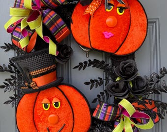 Pumpkin Handmade Wreath | Halloween Decor |  | Summerween | Orange Wreath | 24”x 24” | Black square wreath base | Designsbysunsetlake