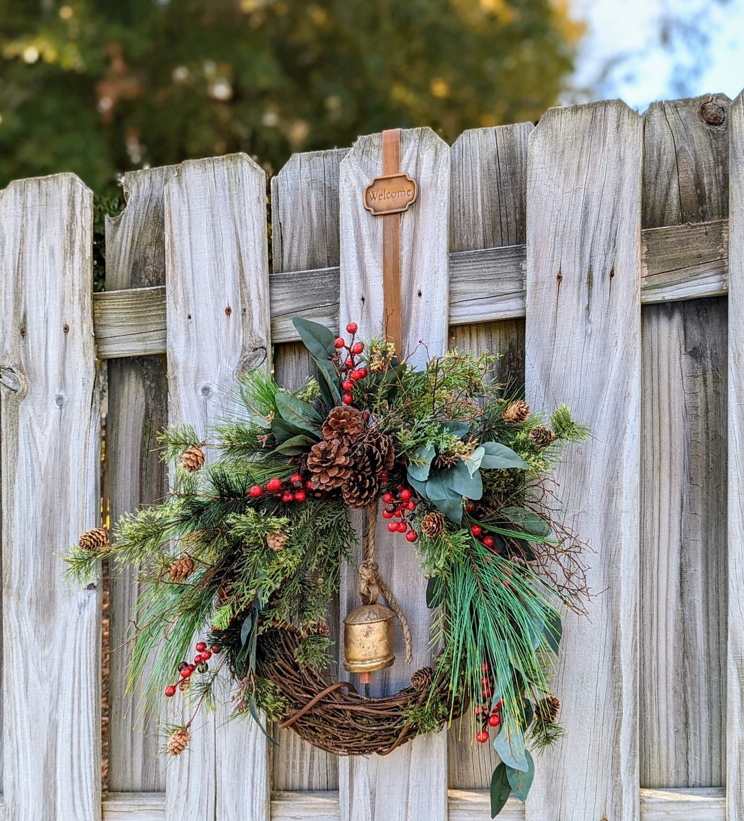 Christmas Wreath, Pine Wreath With Red Berries and Brass Bell. Faux ...