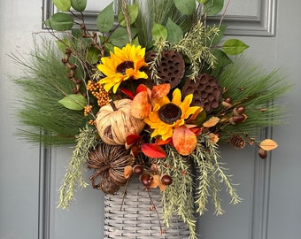 Fall basket wreath for front door, size is 22x16x6 Autumn hanging basket, Porch decor, gray wicker basket fall decor, Thanksgiving basket,