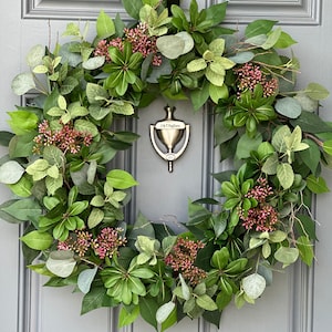 Handcrafted Faux Greenery Wreath with Pink Sedum Accents and branches - Perfect for Front Door, Multiple Seasons, comes in Three Sizes