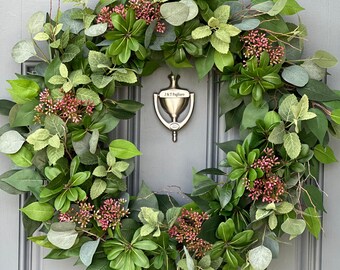 Handcrafted Faux Greenery Wreath with Pink Sedum Accents and branches - Perfect for Front Door, Multiple Seasons, comes in Three Sizes