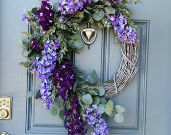 Eucalyptus and lilac front door wreath, lavender lilac wreath, purple wreath, rustic farmhouse wreath, Housewarming gift, gift for her
