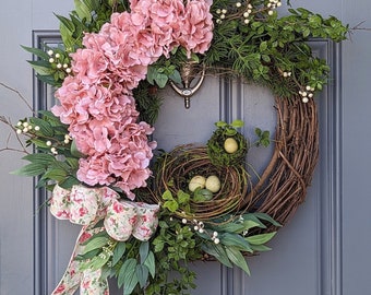 Front door spring wreath, Housewarming gift, Hydrangea wreath, Birds nest wreath, Mothers Day Gift, Unique Wreath