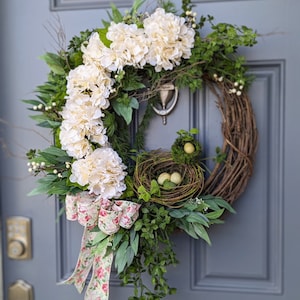Spring wreath front door 22”, ivory hydrangea birds nest wreath, Rustic farmhouse wreath, cottage wall decor, wall decor