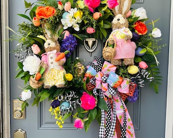 Easter front door wreath, Bunny decor, Spring wreath, Farmhouse Easter decorations,colorful wreath