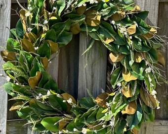 Front Door Artificial Magnolia Wreath | Year Round Southern Design | Farmhouse Style Greenery Wreath | Housewarming Gift | Wall Decor