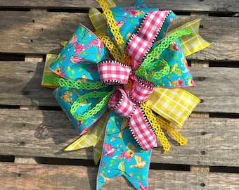 Colorful bow, gingham bow, bird ribbon