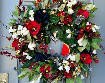 Handmade Patriotic Wreath 4th of July Front Door Decor, Red White and Blue Summer Wreath