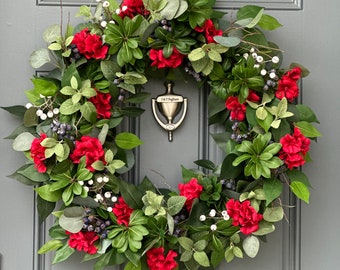 Patriotic Geranium Wreath, Red, White and Blue, Summer Front Door Decor