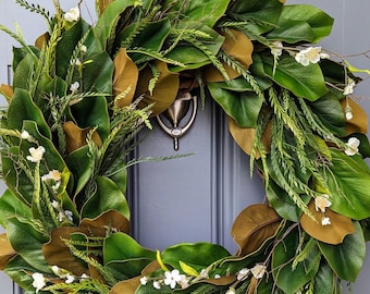 Front Door Magnolia Wreath, Year Round Southern Charm Design For Indoor Or Outdoor Decor, Year Round Magnolia Wreath