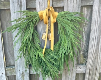 Norfolk pine front door wreath with brass bells, winter wreath, Christmas door wreath, gift for home decor lovers, perfect for winter season