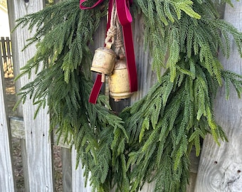 Norfolk pine front door wreath with brass bells, winter wreath, Christmas door wreath, gift for home decor lovers, perfect for winter season