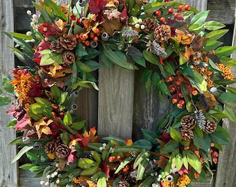 Fall front door eucalyptus wreath, Autumn wreath, Thanksgiving hostess gift, Harvest wreath, Fall foliage porch decor, Housewarming gift.