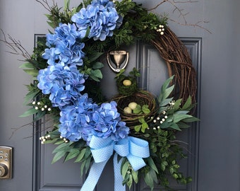 Blue hydrangea front door wreath, farmhouse spring wreath, bird nest wreath front door, interior wall decor