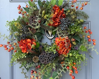 Rustic woodland fall wreath for front door | Thanksgiving wreath | housewarming gift | Fall wreath | farmhouse rust hydrangea autumn wreath.