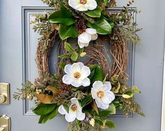 Magnolia Wreath | All Seasons Wreath |Year Round Door Decor