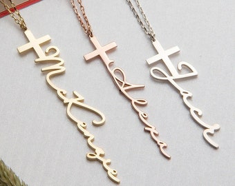 Personalized Name Cross Necklace, 14K Gold Name Cut Cross Necklace, Personalized Handwriting Cross Name Necklace, Best Mothers Day Gift