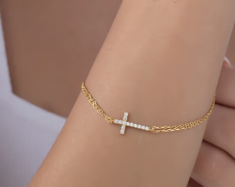 Diamond Cross Bracelet, Silver Cross Bracelet, Gold Cross Bracelet, 14K Gold Cross Bracelet, Cross Bracelet Women, Mother's Day Gift