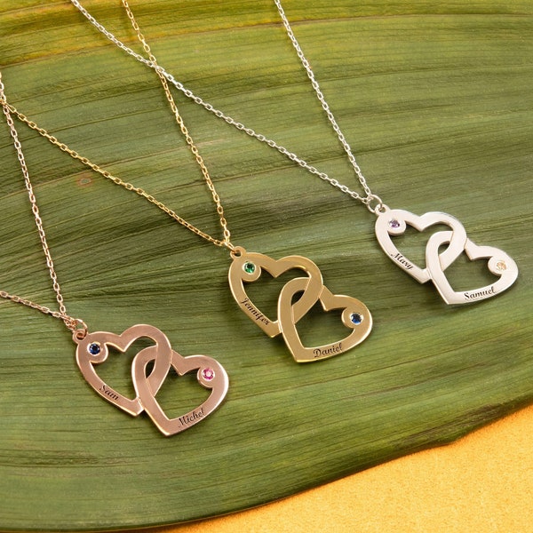 Collier de cœur entrelacé, noms avec pierres de naissance, cœurs imbriqués pour les amoureux, collier de cœur personnalisé, cadeau de mon amant, cadeau de Noël