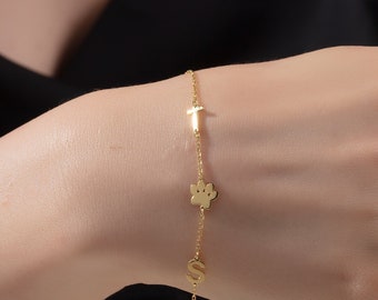 Gold Pets Name Initial Bracelet, Silver Cat Dog Paw Letter Bracelet, Pet Memorial Jewelry, Gift For Pets Mothers, Animal Lover Jewelry