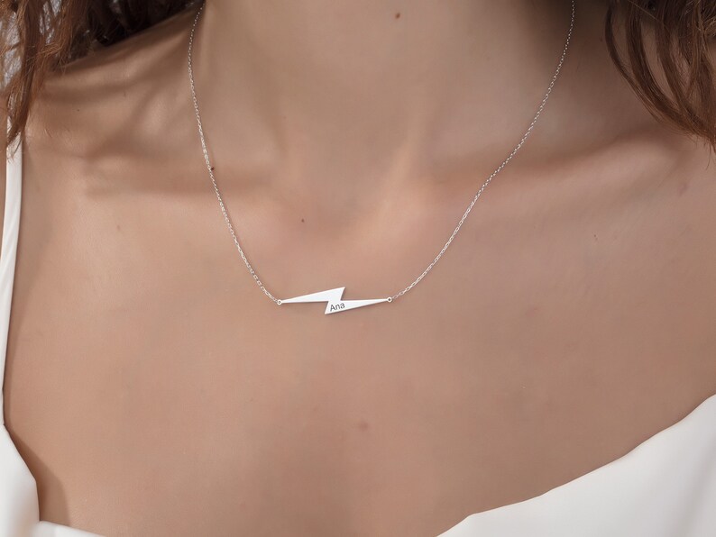Lightning Name Necklace Sideways Lightning Bolt Charm Etsy