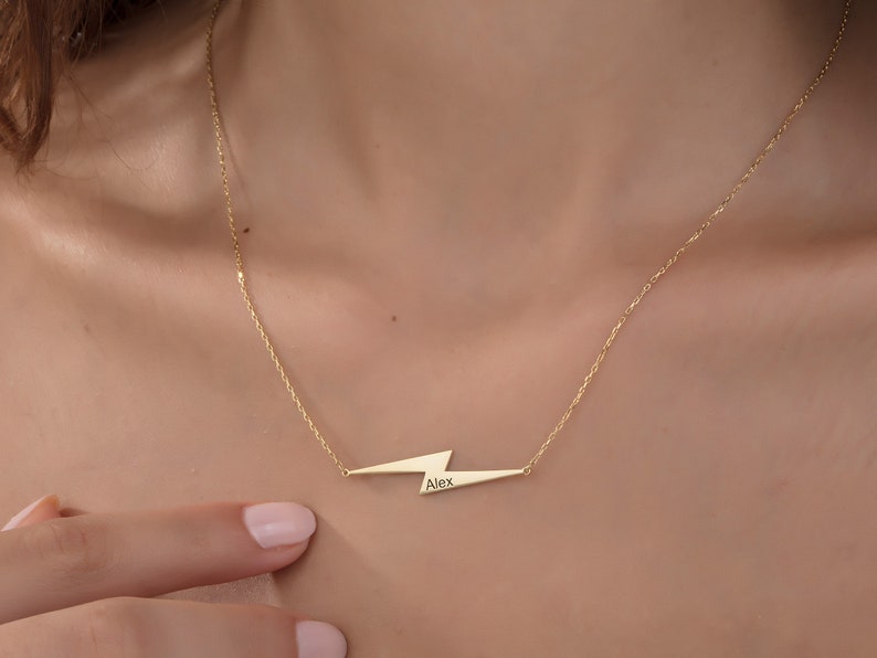 Lightning Name Necklace Sideways Lightning Bolt Charm Etsy