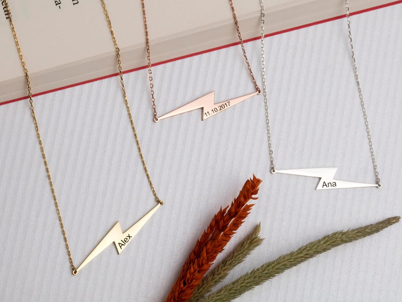 Lightning Name Necklace Sideways Lightning Bolt Charm Etsy