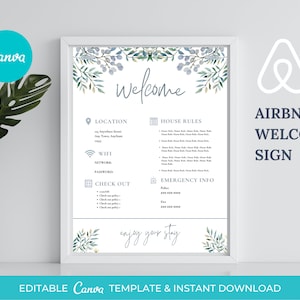 Szablon znaku powitalnego Airbnb | Przewodnik powitalny AirBnB | Znak z instrukcją wymeldowania wynajmu Airbnb | Zasady domu | Strona powitalna Airbnb | Airbnb