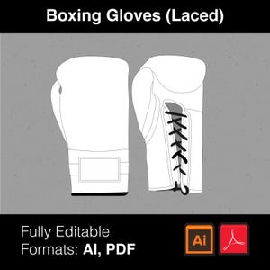 Könnte beinhalten: Zwei weiße Boxhandschuhe mit schwarzen Schnürsenkeln werden vor einem grauen Hintergrund gezeigt. Die Handschuhe werden von vorne und von der Seite gezeigt, wobei das Schnürdesign hervorgehoben wird. Oben im Bild steht "Boxing Gloves (Laced)". Unten im Bild steht "Fully Editable Formats: AI, PDF".