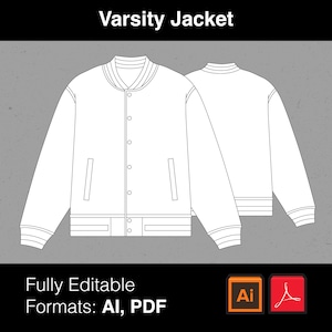 May include: A white varsity jacket with a button closure, two pockets, and ribbed cuffs and waistband. The jacket is shown in both front and back views. The text "Varsity Jacket" is at the top of the image. The text "Fully Editable Formats: AI, PDF" is at the bottom of the image. The image also includes icons for Adobe Illustrator and Adobe Acrobat.