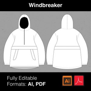 May include: A white hooded windbreaker jacket with a zipper closure and a kangaroo pocket. The jacket is shown from the front and back.
