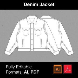 Puede incluir: Un dibujo de línea blanca de una chaqueta vaquera con cierre de botones, dos bolsillos en el pecho y dos bolsillos delanteros. El texto "Denim Jacket" está encima de la imagen. El texto "Fully Editable" y "Formats: AI, PDF" está debajo de la imagen. Los iconos de Adobe Illustrator y Adobe Acrobat también están debajo de la imagen.