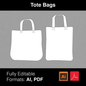 Puede incluir: Dos bolsas de mano blancas con asas, sobre un fondo gris texturizado. Las bolsas son rectangulares con la parte inferior redondeada. El texto en la parte superior dice "Tote Bags". Debajo, el texto dice "Fully Editable Formats: AI, PDF."