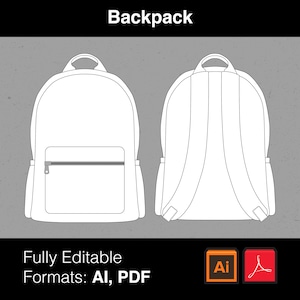 May include: A white outline drawing of a backpack with a zippered pocket on the front. The backpack is shown from the front and back views. The text "Backpack" is at the top of the image. The text "Fully Editable Formats: AI, PDF" is at the bottom of the image.
