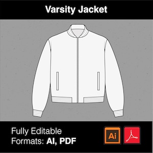 May include: A white varsity jacket illustration with a zip closure, two front pockets, and ribbed cuffs and hem. The text "Varsity Jacket" is at the top. Below, it says "Fully Editable Formats: AI, PDF".