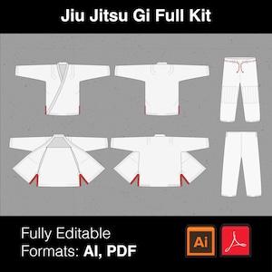 Può includere: Un completo kit Jiu Jitsu Gi bianco, che include giacca e pantaloni, mostrato in più viste. La giacca ha un design a collo a V con dettagli rossi. L'immagine include anche il testo "Jiu Jitsu Gi Full Kit" e "Fully Editable Formats: AI, PDF."