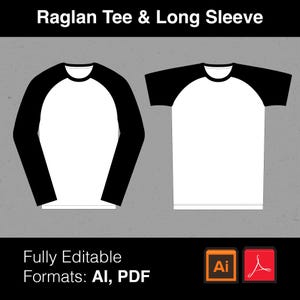 May include: A white raglan tee shirt with black sleeves. The shirt is shown in both short and long sleeve versions. The text "Raglan Tee & Long Sleeve" is at the top of the image. The text "Fully Editable Formats: AI, PDF" is at the bottom of the image. The Adobe Illustrator and Adobe Acrobat icons are also shown at the bottom of the image.