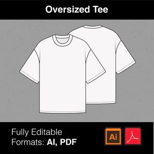 Puede incluir: Diseño de camiseta blanca de gran tamaño con el texto "Oversized Tee" en la parte superior. La imagen muestra la parte delantera y trasera de la camiseta. La parte inferior de la imagen tiene el texto "Fully Editable Formats: AI, PDF".