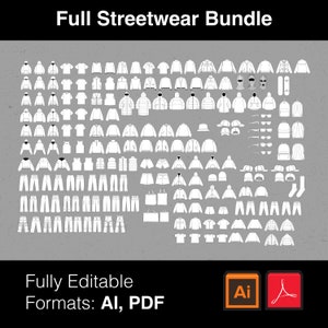 Peut inclure: Une grande collection de designs de vêtements streetwear, comprenant des sweats à capuche, des t-shirts, des vestes, des pantalons et des accessoires. Les designs sont tous en noir et blanc et sont entièrement modifiables aux formats AI et PDF.