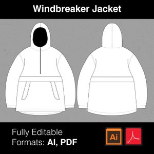 Könnte beinhalten: Eine weiße Windbreaker-Jacke mit Kapuze und Reißverschluss. Die Jacke hat eine Kängurutasche und eine Kapuze mit Kordelzug. Die Jacke ist vollständig editierbar in den Formaten AI und PDF.