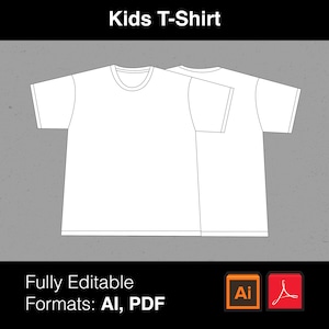 May include: A white kids' t-shirt template, fully editable in AI and PDF formats. The image shows two t-shirts, one on top of the other, with a white background.