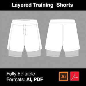 May include: A white layered training short with a drawstring waist. The shorts are shown in a flat lay with the front and back sides visible. The shorts are fully editable in AI and PDF formats.