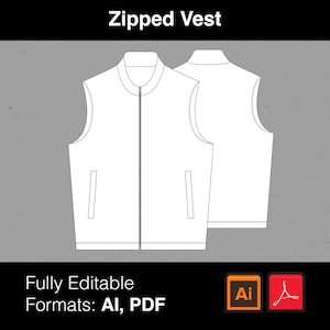 Puede incluir: Diseño de chaleco blanco con cremallera, vistas delantera y trasera, sobre un fondo gris. El chaleco tiene cuello, dos bolsillos delanteros y cremallera completa. El texto en la parte superior dice "Zipped Vest". Abajo, el texto dice "Fully Editable Formats: AI, PDF".