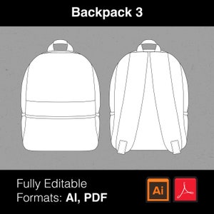 May include: Line drawing of a backpack with two straps. The backpack has a large main compartment and a smaller pocket on the front. The backpack is shown from the front and back.